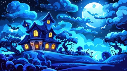 Cartoon haunted house on a spooky night with a large moon and bats flying around