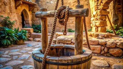 Ancient stone well with worn rope, wooden bucket, and rustic background, evoking a sense of historical reverence and spiritual awakening in a Middle Eastern setting.