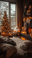 Fototapeta premium cozy living room decorated for Christmas features beautifully lit tree, warm candles, and festive decor, creating serene and inviting atmosphere