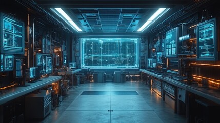 Fototapeta premium Futuristic Control Room with Blue Screens and Technical Equipment