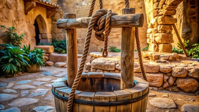 Ancient stone well with worn rope, wooden bucket, and rustic background, evoking a sense of historical reverence and spiritual awakening in a Middle Eastern setting.