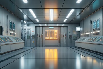 Futuristic Control Room with Digital Displays and Metallic Panels