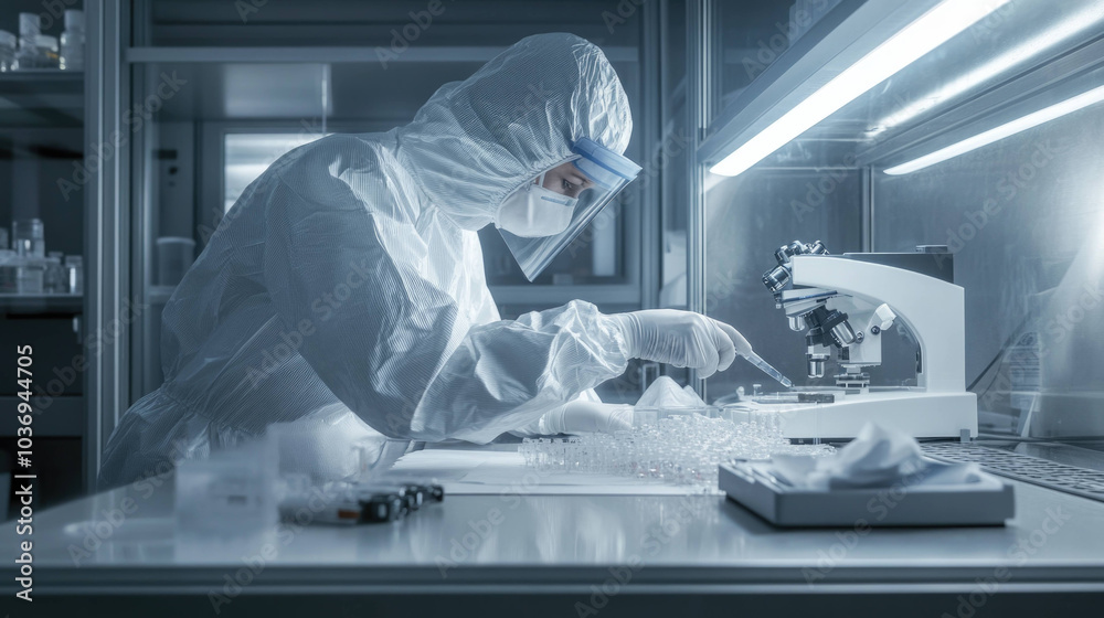 Poster scientist in full protective suit carefully examines samples under microscope in laboratory setting,