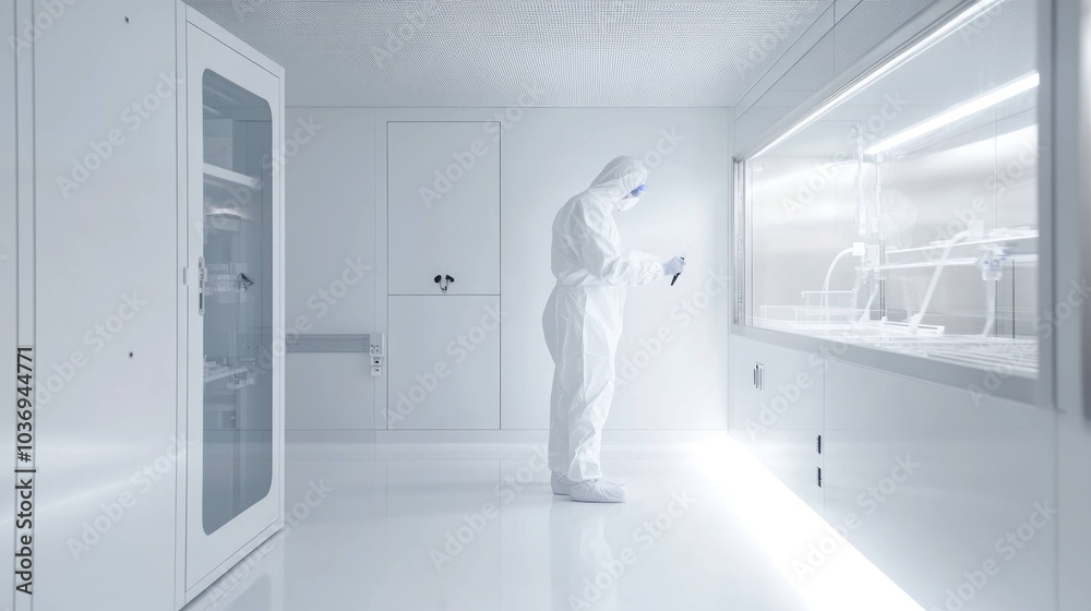 Poster scientist in protective suit carefully uses pipette in sterile laboratory environment, showcasing pr