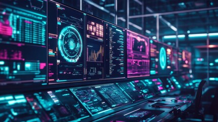 Naklejka premium Futuristic Control Room with Digital Displays