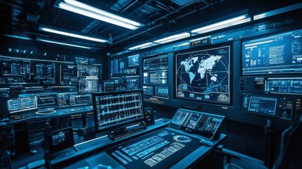 High-Tech Control Room with Monitors and Data Displays