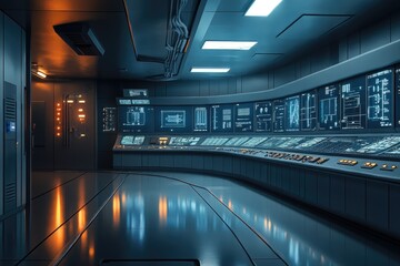 Obraz premium Futuristic Control Room with Monitors and Panels