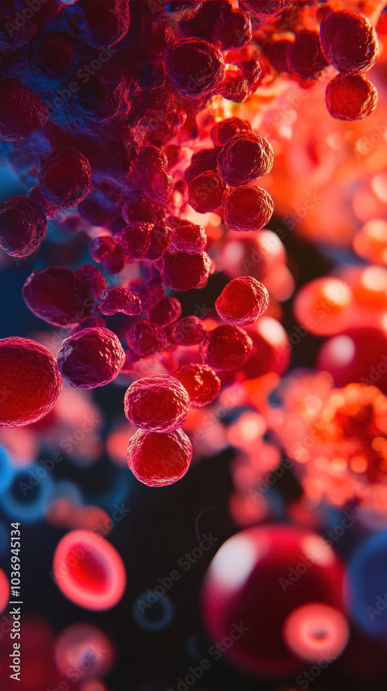 Aufkleber Artistic macro image of blood cells showcasing vibrant red and blue hues, highlighting intricate details of cellular structures and their dynamic interactions