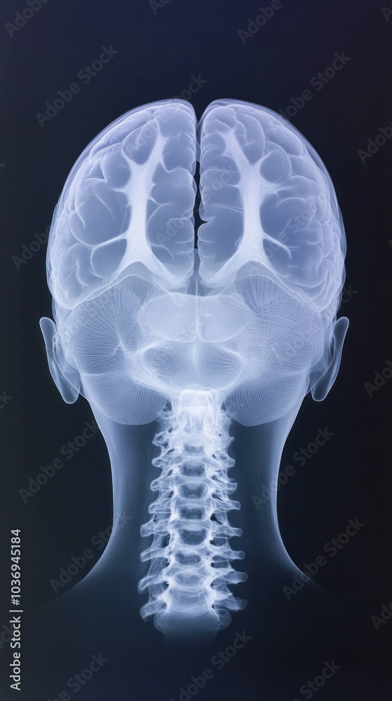Fototapete anatomical x ray of human brain showcasing cranial structure and spinal column, highlighting intrica