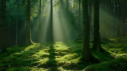 A serene forest scene with sunlight filtering through trees, illuminating lush green moss.