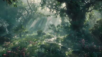 A serene forest scene with sunlight filtering through trees, highlighting lush greenery and flowers.