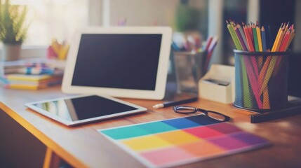 Creative Workspace with Digital and Art Supplies