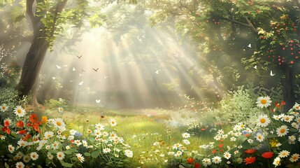 A serene forest scene with sunlight filtering through trees, surrounded by colorful flowers.