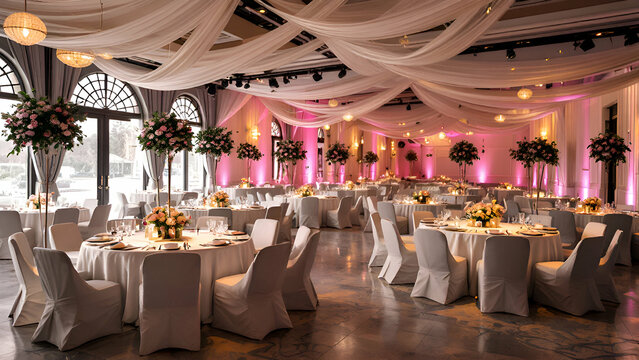 A wedding reception hall decorated with white drapery, floral centerpieces, and white tablecloths. The room has a warm, romantic ambiance with pink lighting.