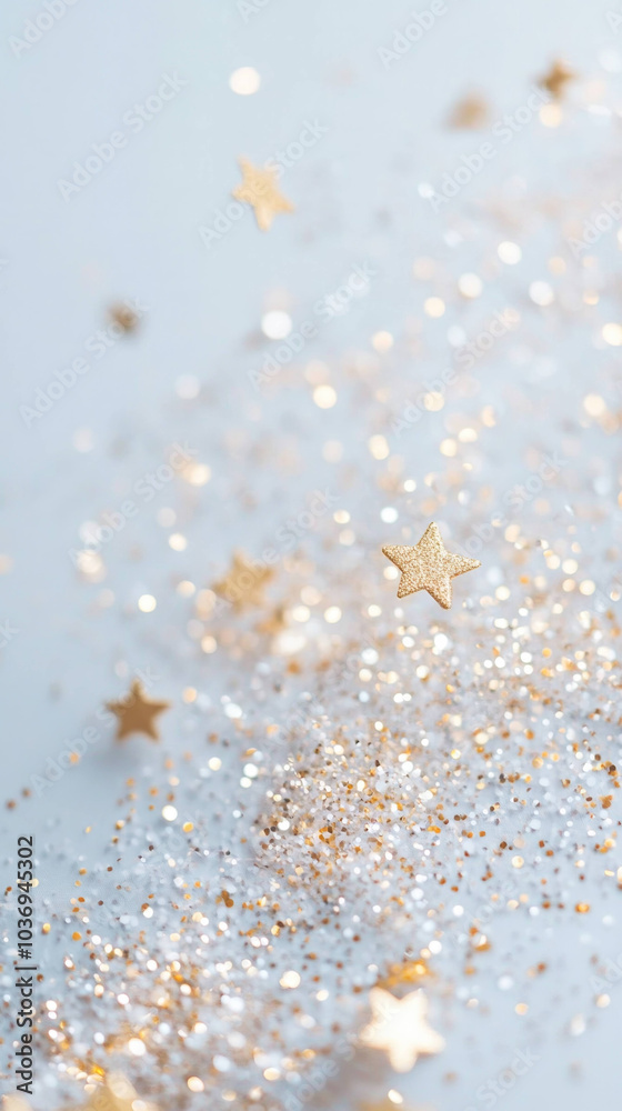 Poster dreamy abstract scene featuring golden stars and shimmering glitter creates magical atmosphere. soft background enhances enchanting effect of sparkling elements