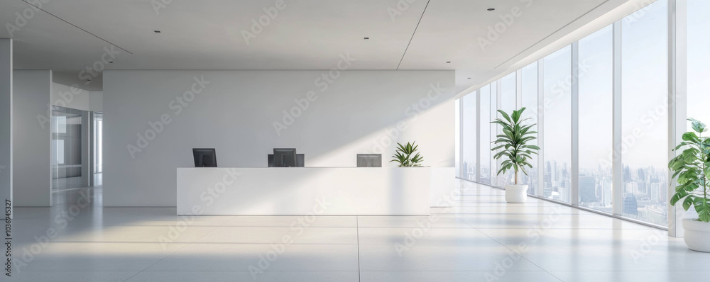 Poster modern office space featuring minimalist white reception area with large windows allowing natural li
