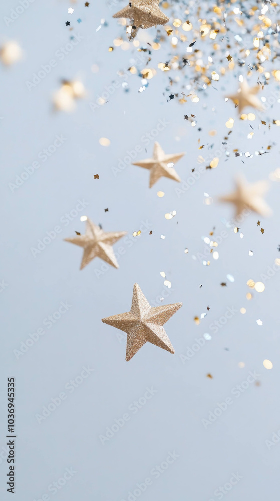 Poster Glittering golden stars float gracefully against soft blue background, creating dreamy and enchanting atmosphere filled with joy and wonder