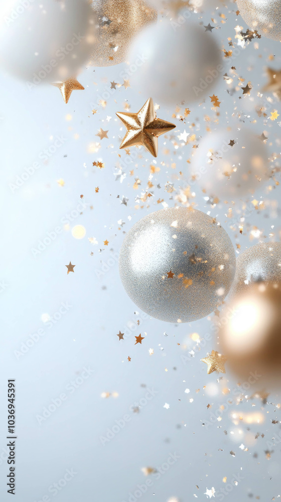 Poster lively abstract design featuring golden stars and shimmering spheres, creating festive atmosphere fi