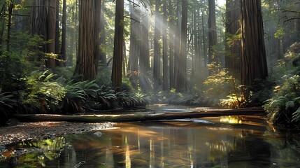 A serene forest scene with tall trees, sunlight filtering through, and a calm stream.