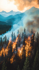 dramatic aerial view of forest engulfed in flames, showcasing intense spread of fire amidst towering trees and mountainous backdrop. scene evokes sense of urgency and power of nature