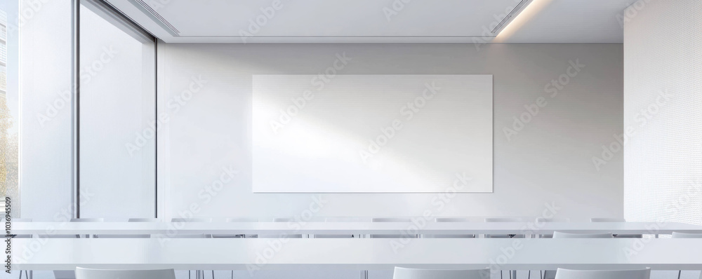 Poster modern training room featuring white ceiling and minimalist design, ideal for presentations and coll