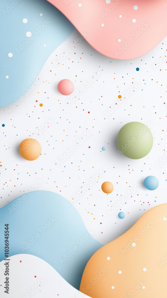 Poster Vibrant pastel background with abstract shapes and colorful spheres creates playful and cheerful atmosphere, perfect for various design projects