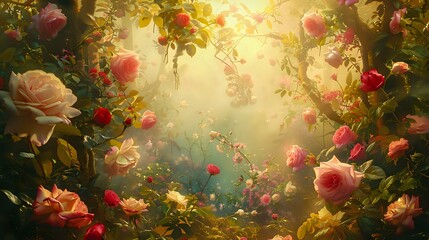 A serene garden filled with blooming roses, bathed in soft, warm light.