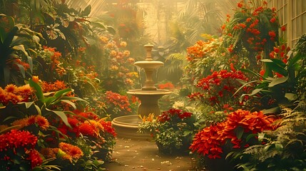 A serene garden filled with vibrant flowers and a central fountain, creating a tranquil atmosphere.
