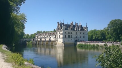 Obraz premium Beautiful Castle Reflected in Calm River Under Clear Sky
