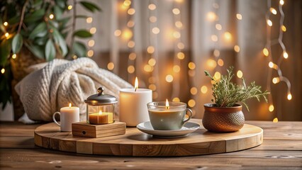 Elegant focused product display on a wooden podium with soft defocused light, adorned with decorative spots, amidst a cozy contemporary setting with candle and tea.