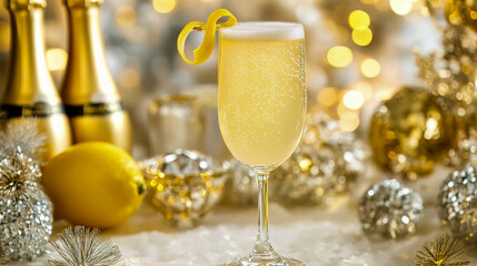A classy french cocktail, presented in a tall champagne flute, with bubbles rising to the top and a lemon twist on the rim.
