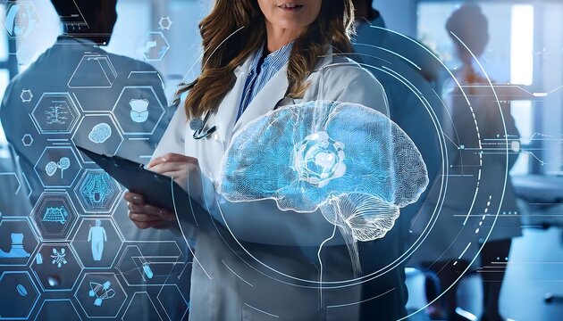 Image of brain with molecules and data processing over diverse doctors working in hospital