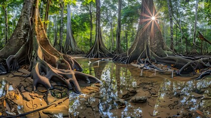 A serene forest scene with mangrove trees reflecting in calm water under sunlight.