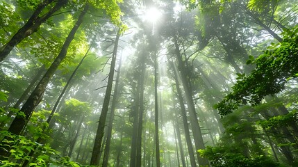 A serene forest scene with sunlight filtering through tall trees and mist.