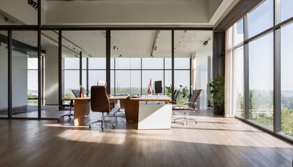 Fototapeta premium Modern office interior with spacious design and natural light. 3D Rendering