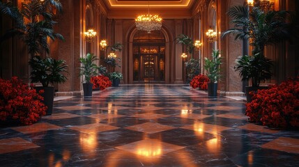 Fototapeta premium Grand Hallway with Checkerboard Floor and Ornate Chandelier