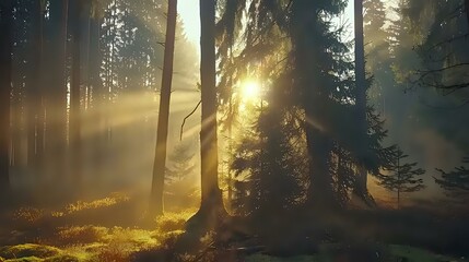 A serene forest scene with sunlight filtering through trees and mist, creating a tranquil atmosphere.