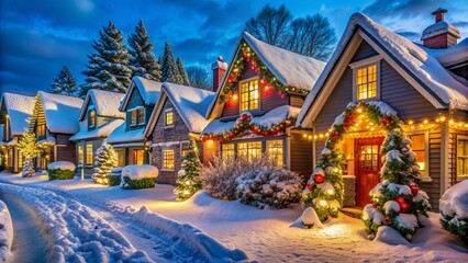 Charming snow-covered traditional houses adorned with vibrant Christmas garlands, twinkling lights, and festive wreaths, creating a magical winter wonderland atmosphere.