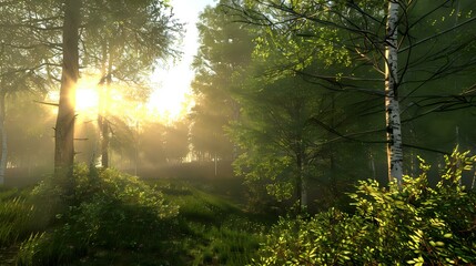 A serene forest scene with sunlight filtering through trees, creating a tranquil atmosphere.