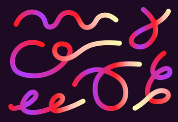 Neon Color Gradient squiggle lines. Scribble stripe with wavy elements. Abstract organic dynamic colorful Sshapes on dark background.
