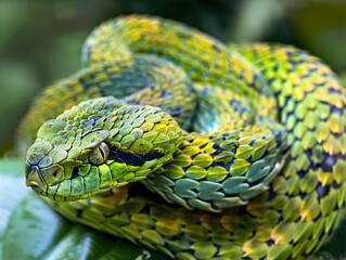 Fototapeta premium Green Snake Close Up: Scales and Eyes of a Venomous Reptile