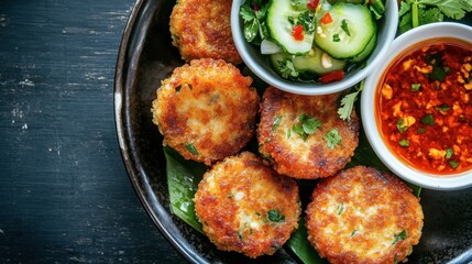 Fototapeta premium Crispy Fish Cakes with Fresh Salad and Dipping Sauce