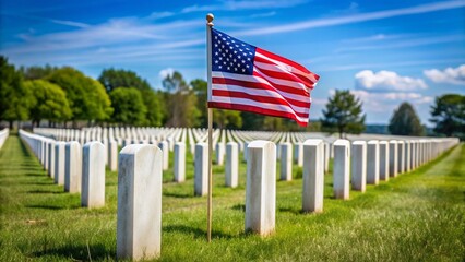 Fototapeta premium A small flag stands solemnly beside a grave in a national cemetery, surrounded by rows of white headstones under a clear blue sky.