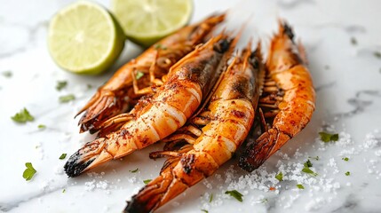 Carabineros prawns grilled with paprika and lime, isolated on a light grey marble background with a scattering of sea salt