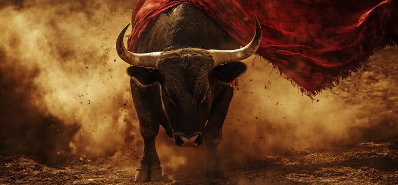 A black bull charges through a cloud of dust during a bullfight, with a red cape trailing behind it.