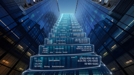 A digital ladder made of financial reports leading upwards, representing career progression and business growth. ( Business Concept )