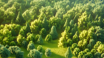 Fototapeta premium Aerial View of Lush Forest with Sunlight Filtering Through the Canopy
