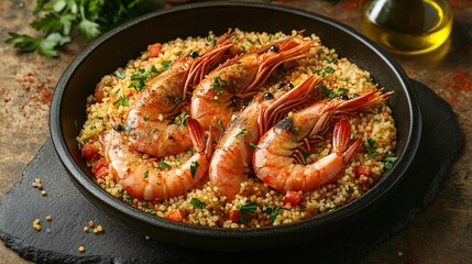Carabineros prawns nestled in a bed of couscous, isolated on a dark brown stone background with olive oil drizzles and garlic cloves
