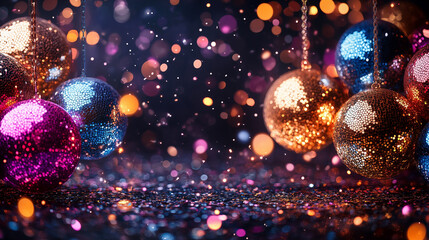 Party, invitation background of  colorful disco balls. Space for text.