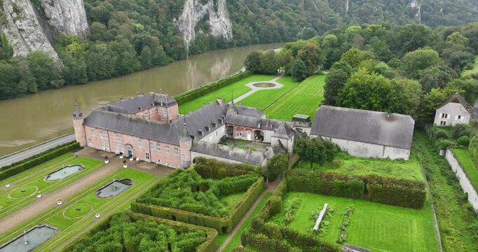 Aerial drone video on the castle of Freyr, Meuse river, between Waulsort and Dinant, Belgium.